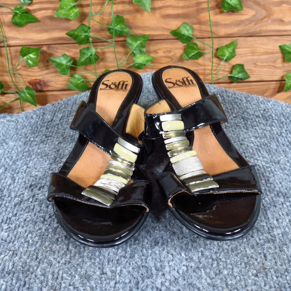 Sofft Black Patent Leather‎ Womens Wedge Sandal Size 6 Dressy Slide Sandals